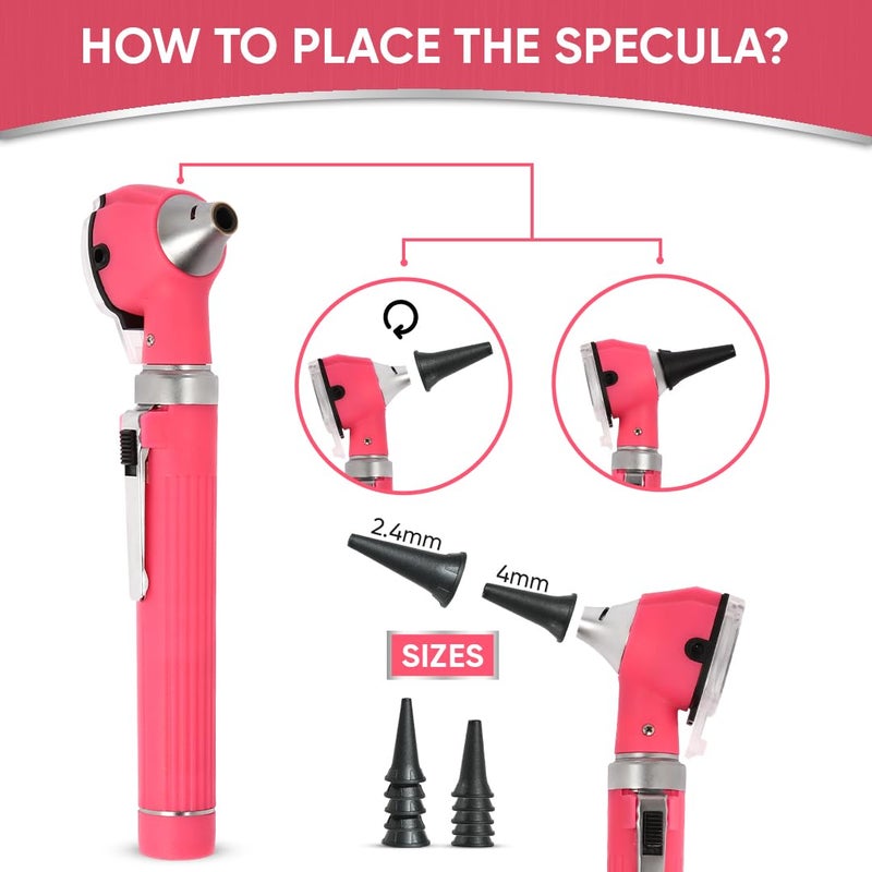 MeddSight Otoscope with Light, Fibre Optic Ear Scope for Kids & Adults, 3X Zoom Magnifying Glass, LED Ear Infection Checker with 10 Disposable Specula, Nylon Case, 6 Colors-Medical Grade-(Pink Color) - Image 5